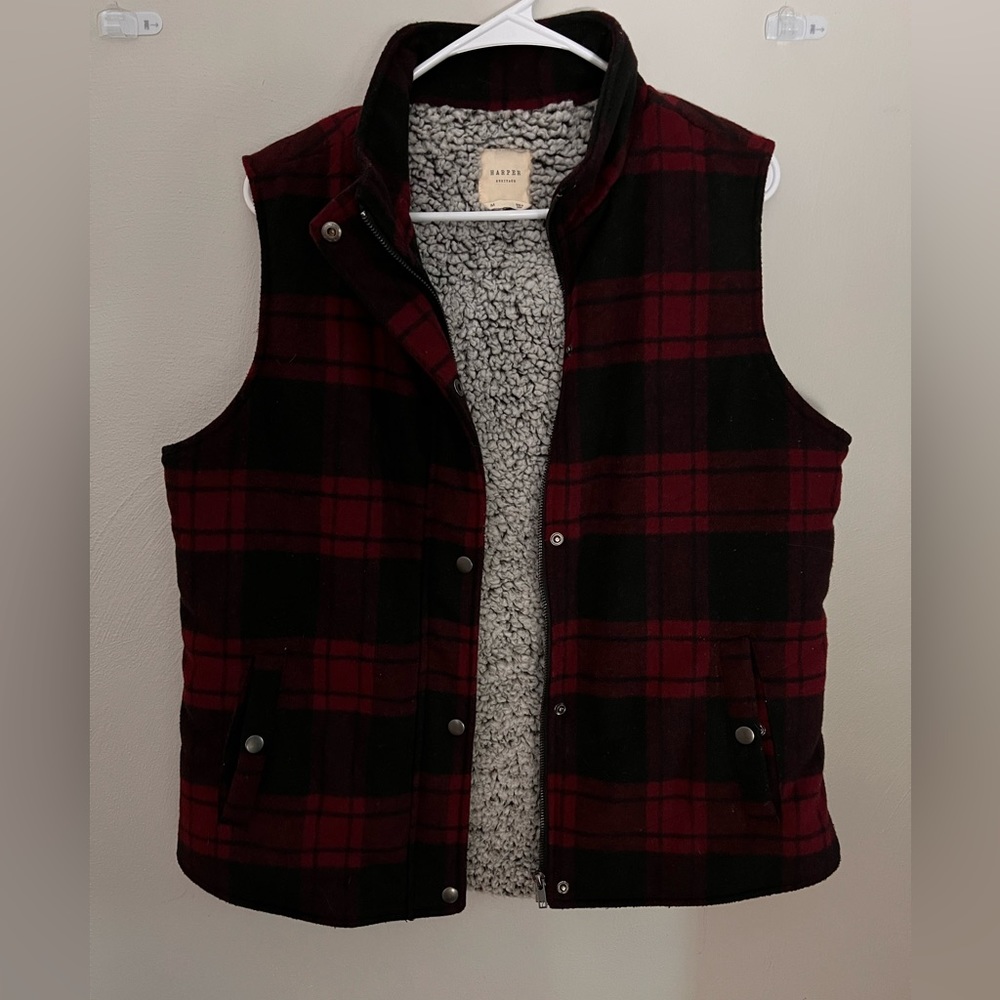 Buffalo plaid slight puffer vest with Sherpa interior